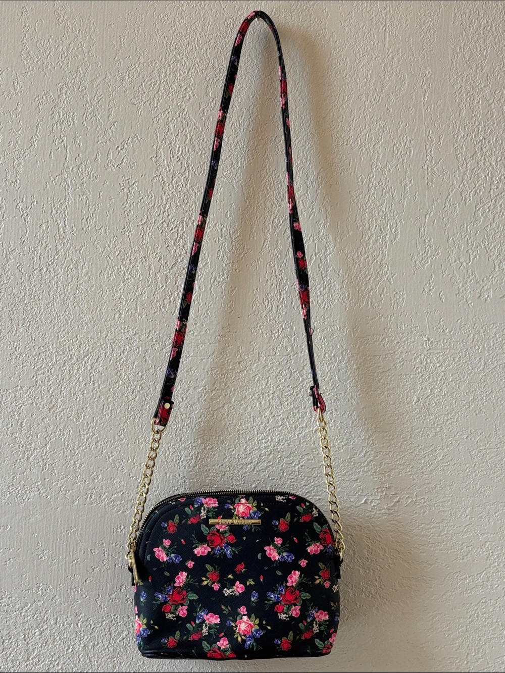 Steve Madden Black Floral Crossbody Bag with Pink and Red Accents